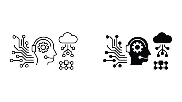 Artificial intelligence cloud computing and human machine interface icon set representing cognitive processing and neural network connectivity in professional vector outline and solid styles