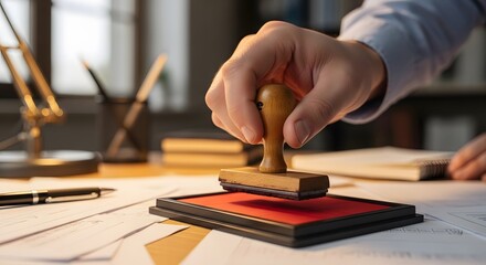 Fototapeta premium A hand applying a rubber stamp to a document on a desk