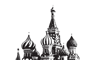 Black and white illustration of Saint Basil's Cathedral in Moscow representing Russian cultural architecture landmark © Maria