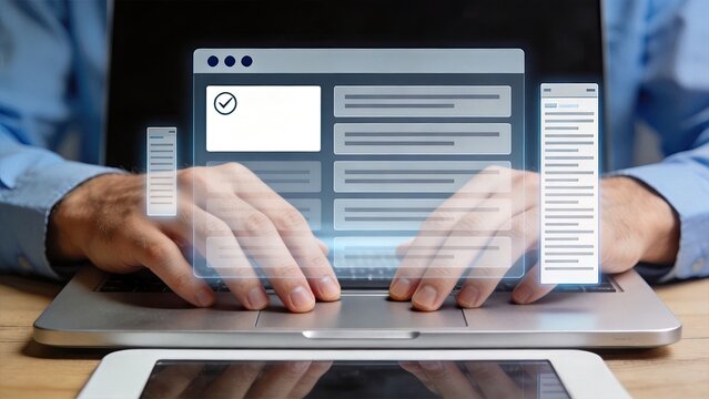 Close up of hands typing on laptop keyboard with holographic web interface overlay, browser window, login screen and mobile app view, cybersecurity concept