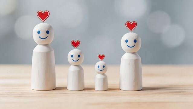 Wooden family figures with red hearts standing together on table, symbolizing love, happiness, unity, parenting, childhood, togetherness, emotional connection, family values,