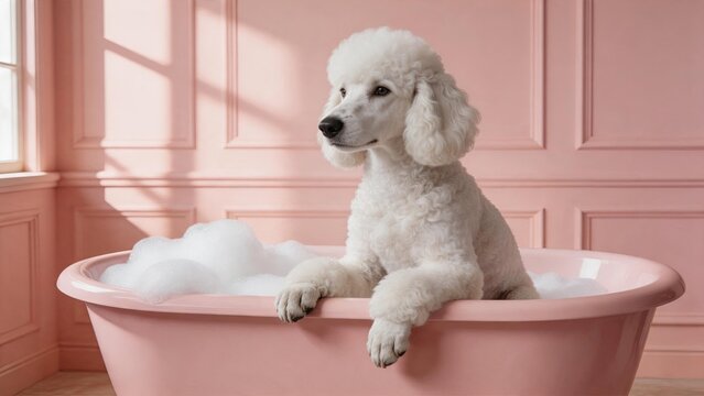 Fluffy white poodle puppy sitting in pink bathtub with foam bubbles, cute dog grooming hygiene care at home, bright pastel interior background, pet wellness and cleanliness concept