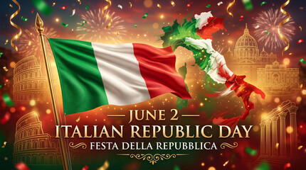 Italian republic day celebration with national flag, map of italy, and iconic landmarks on a festive background