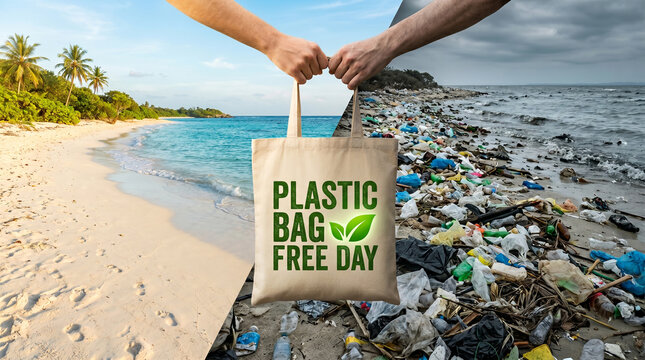 Plastic bag free day concept, hands holding a reusable tote bag against a split background of a clean beach and a polluted beach