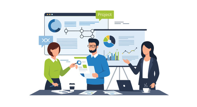 This vector illustration shows a diverse team of professionals collaborating on a data-driven business project in a modern office.