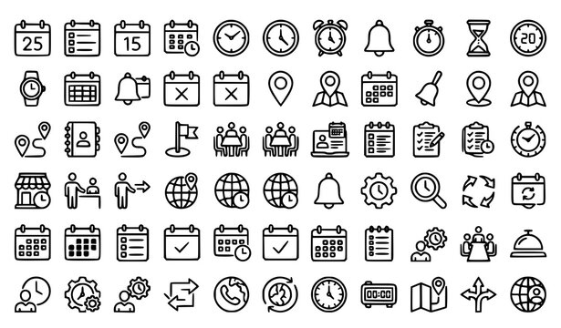 Date time and address outline icon set with calendar clock timer and location pin symbols