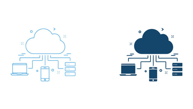 Cloud computing infrastructure icon with connected laptop smartphone and server rack representing distributed data storage and multi-device synchronization in a professional vector graphic