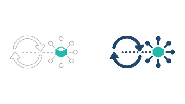 Abstract data synchronization icon set featuring circular arrows and connected node network elements for modern software interface design and digital transformation concepts in flat vector style