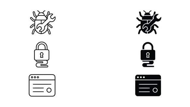 IT troubleshooting and security icon set featuring a bug with a wrench and a locked padlock representing system maintenance and cybersecurity in a professional flat vector graphic design
