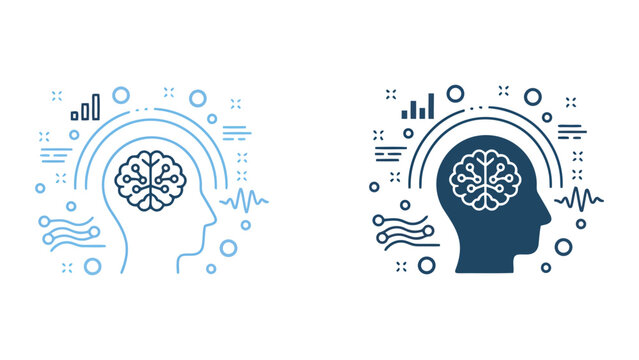Human head profile with integrated digital brain and data flow symbols in minimalist vector style representing cognitive computing and neural network analysis for business tech