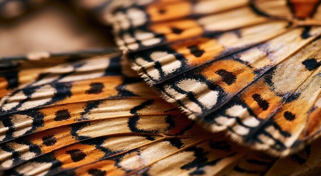 Close-up view of intricate, overlapping insect wings displaying vibrant orange, black, and brown patterns