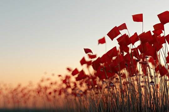 Rows of red flags flutter in the soft glow of a hazy sunset
