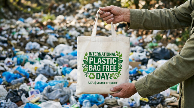 Person holding a reusable canvas bag in front of a landfill full of plastic waste, international plastic bag free day concept