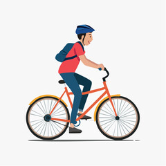 Fototapeta premium Man Riding Bicycle with Backpack and Helmet