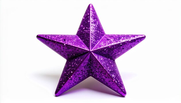 Purple glitter star decoration, shiny festive star, isolated on white background, holiday decor element