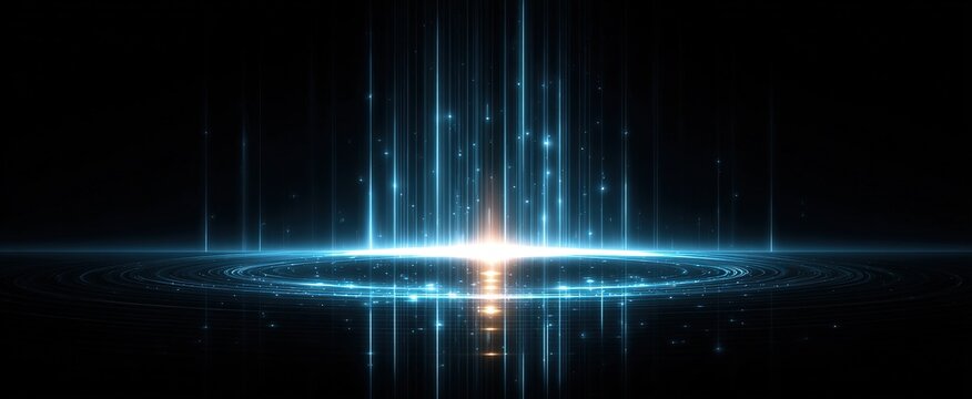Blue vertical light streaks with glowing horizontal lens flare and reflection on black dark backdrop. Ideal for tech banners, movie intro backgrounds, award visuals