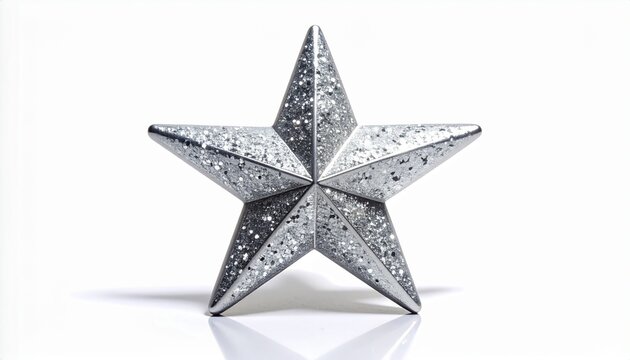 Shiny silver star with textured surface, reflective finish, isolated on white background, decorative element, holiday decor, geometric shape, minimalist design