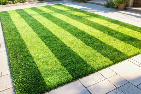A neatly striped artificial turf area sits adjacent to a light-colored stone paved patio in an outdoor residential space.