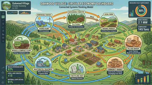 Oakwood village circular economy dashboard infographic illustration with connected systems thinking model data metrics renewable energy sustainable forestry local farm recycling hub and wastewater art