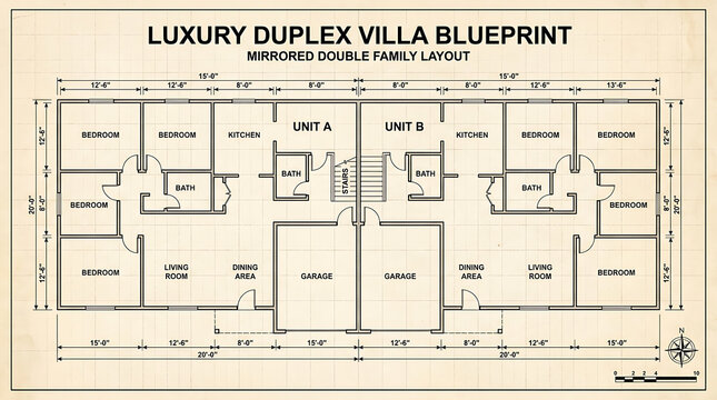 Detailed blueprint of a luxury duplex villa featuring a mirrored double family layout with dimensions rooms like bedrooms living areas kitchens baths