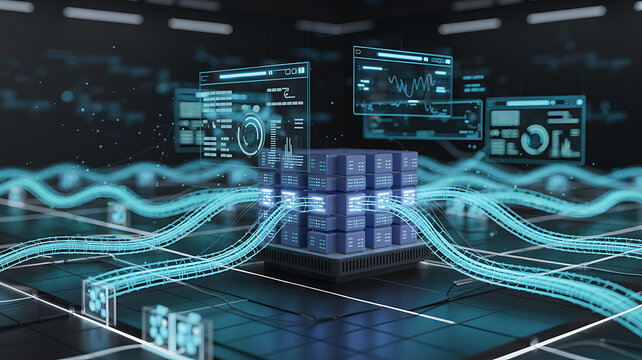 Futuristic server room with glowing blue lines and digital screens data center