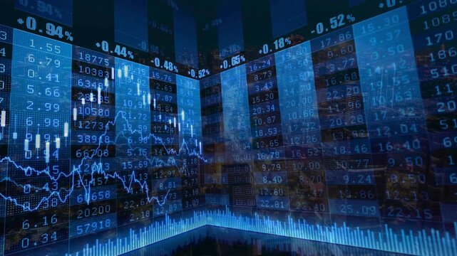 Dense blue grid of stock market numbers and financial data overlaid on a blurred city. Represents big data, complex financial markets, and trading algorithms.