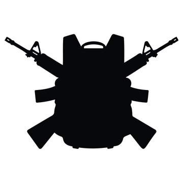 Military backpack and crossed assault rifles emblem for combat and defense.