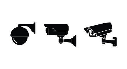 Three Security Cameras In Black Silhouette Against A White Background camera cctv surveillance dome bullet © Rakib