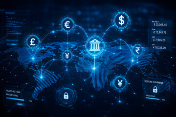 Fototapeta premium Global Digital Banking and Cross Border Payment Network with Secure Financial Transactions