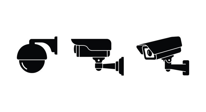 Three Security Cameras In Black Silhouette Against A White Background camera cctv surveillance dome bullet