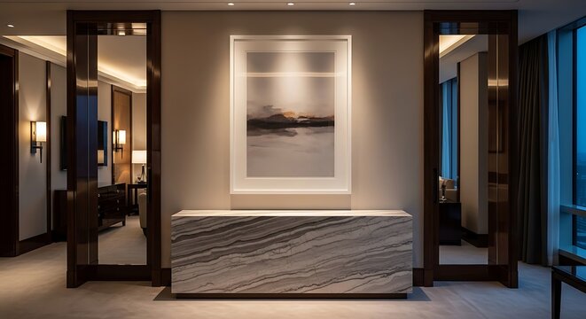 Elegant home interior with a minimalist 16 x 20 frame mockup hanging above a luxury marble console table in a modern hallway.