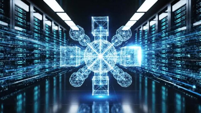 Glowing digital hub in a high-tech data center room.