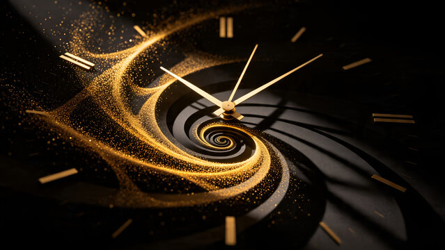 Elegant luxury golden clock face surrounded by a dynamic swirling trail of shimmering glitter particles conceptualizing precious time management and memorable moments.