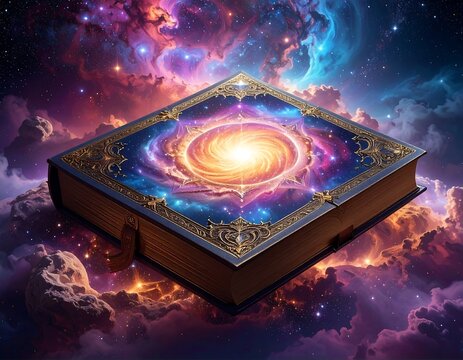 Cosmic magic book with swirling galaxy portal open against nebula background