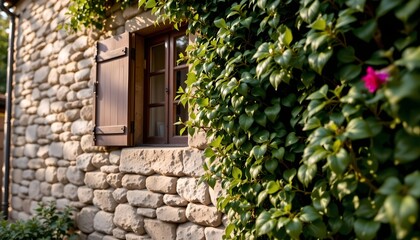 Fototapeta premium Rustic Stone Wall with Ivy and Cozy Window Sunset Light