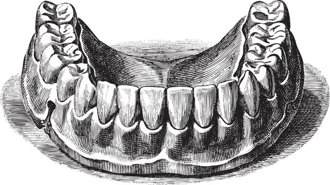 Anatomical engraving of human lower jaw with detailed molar teeth on transparent background set.