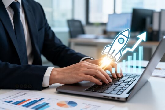 Businessman using laptop with rocket graphic