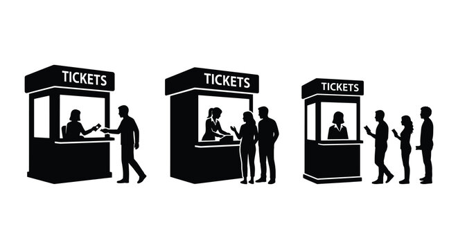 Ticket booth silhouettes depicting customer service and transactions black on white background silhouette window box