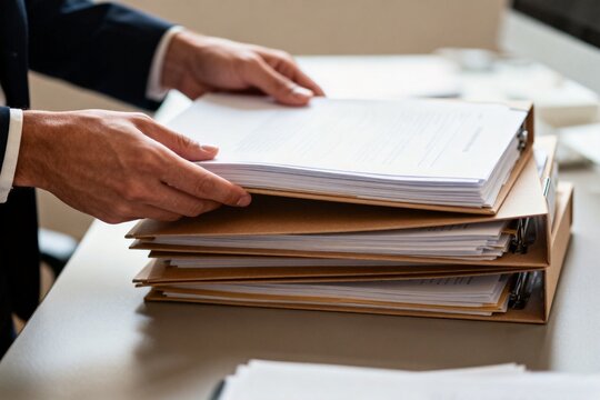 Person organizing stacks of manila file folders