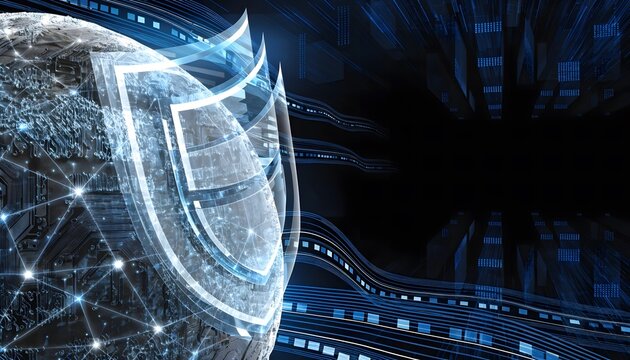 Futuristic AI Cybersecurity Concept with Digital Shield and Network