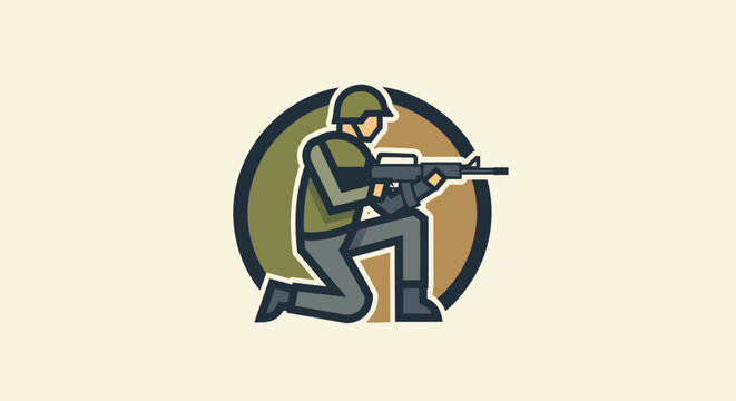 Illustration of a kneeling soldier in tactical gear holding a rifle.