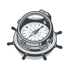 Detailed vintage maritime compass mounted on ship steering wheel. © RUSLAN