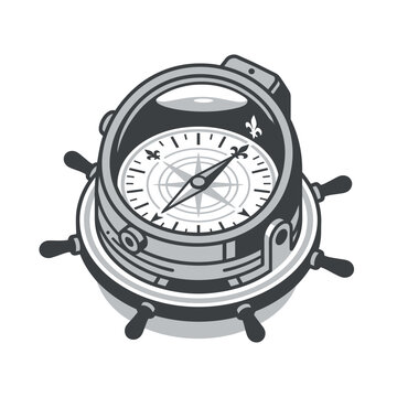 Detailed vintage maritime compass mounted on ship steering wheel.