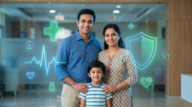 Indian Family Healthcare Concept: Floating Medical Holograms and Health Icons Over Smiling Family in Modern Hospital Lobby