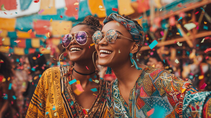 Obraz premium Joyful African women celebrating at a vibrant festival with colorful confetti and flags.