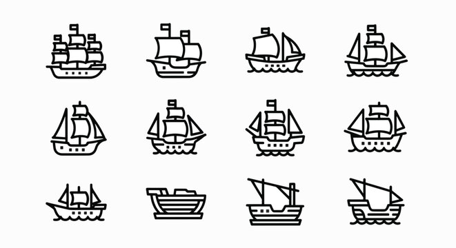 Collection of Various Historic Sailboat Icons.