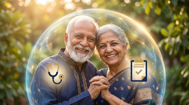 Senior Healthcare Concept: Protective Holographic Shield and Medical Icons Over Elderly Indian Couple in Sunlit Garden