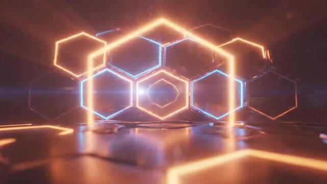 Glowing blue and orange hexagonal honeycombs in dark space