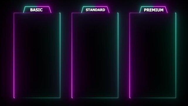 glowing neon two color Basic, Standard, and Premium Package subscription tiers, Animation. Pricing and Features, Pricing plans table, pricing chart, price list for web or app tech concept 4k video