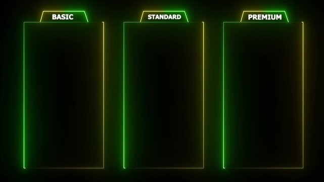 glowing neon two color Basic, Standard, and Premium Package subscription tiers, Animation. Pricing and Features, Pricing plans table, pricing chart, price list for web or app tech concept 4k video